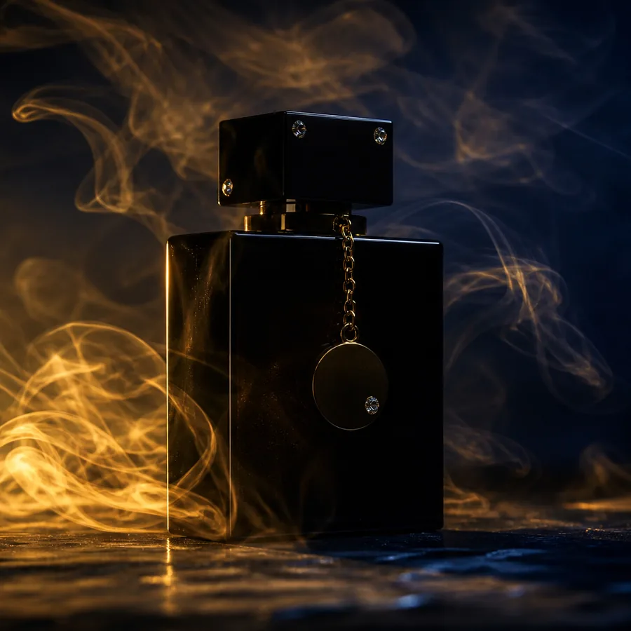 Frasco oscuro de perfume con humo dorado