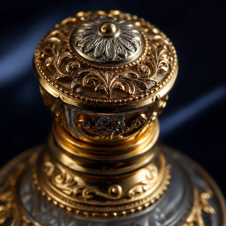 Detalle de tapa metálica de un perfume premium