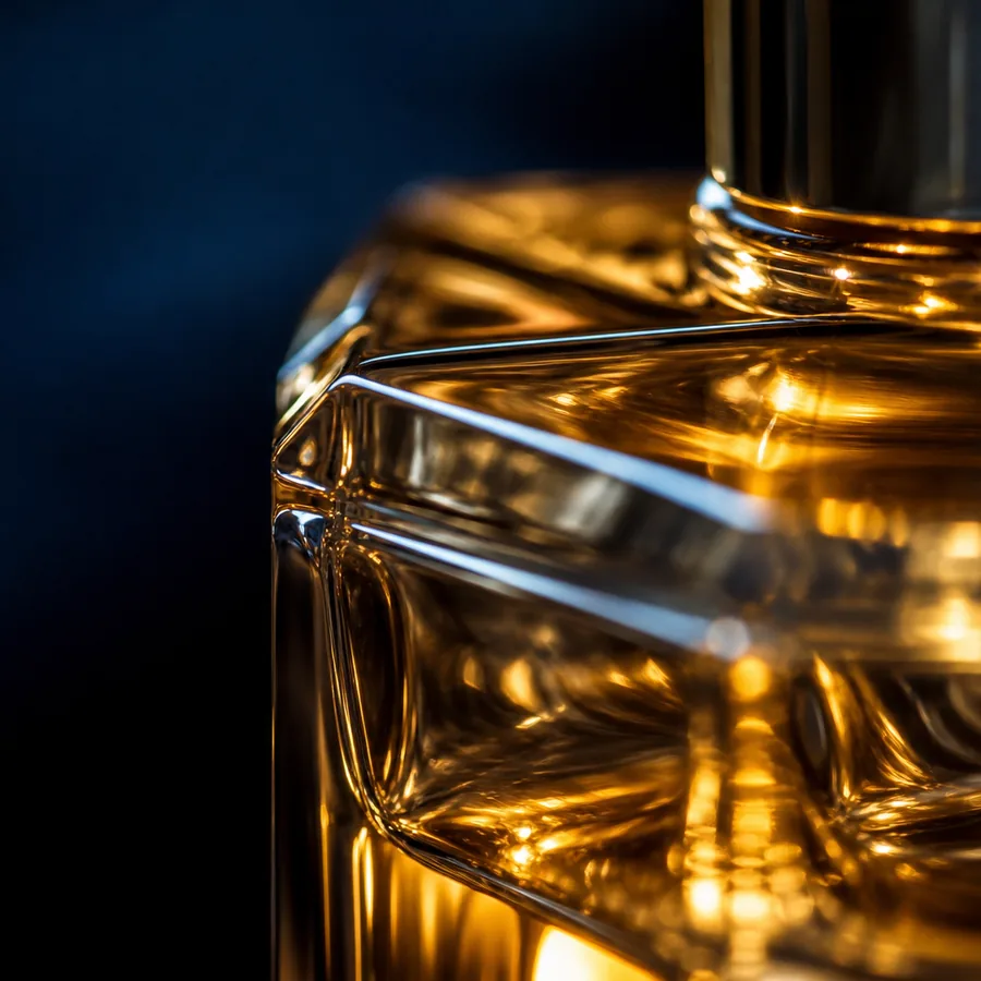 Reflejos dorados sobre cristal de perfume